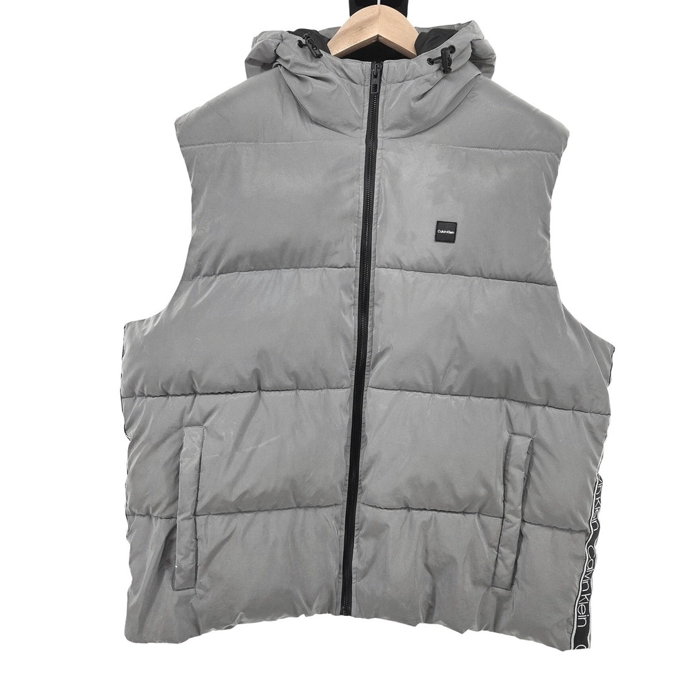 Calvin Klein Puffer Vest Water Resistant Hood‎ Reflective Grey Men's 2XL